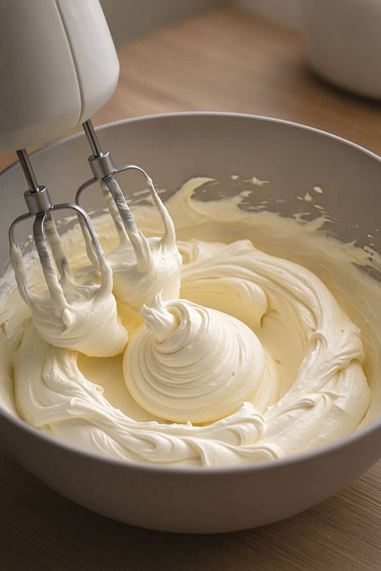 Hand mixer beaters lifting from a bowl of ultra-smooth, creamy whipped room temperature cream cheese and powdered sugar frosting