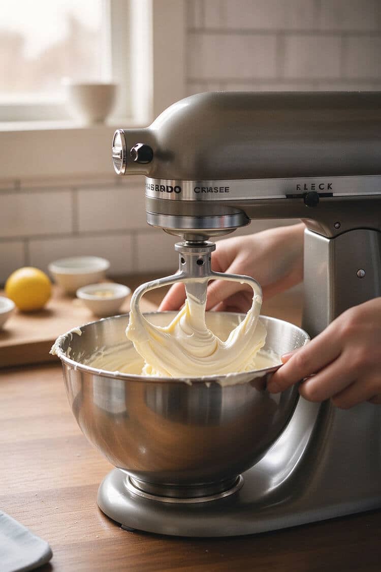 Stand mixer paddle attachment lifting silky smooth whipped cream cheese batter from a stainless steel mixing bowl
