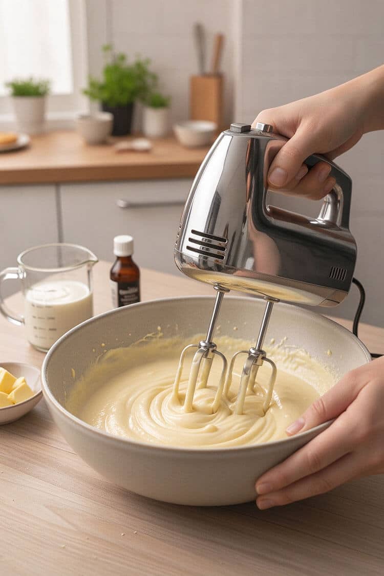 Chrome hand mixer beating a velvety, smooth ribbon of cream cheese, egg yolks, and heavy cream in a ceramic bowl