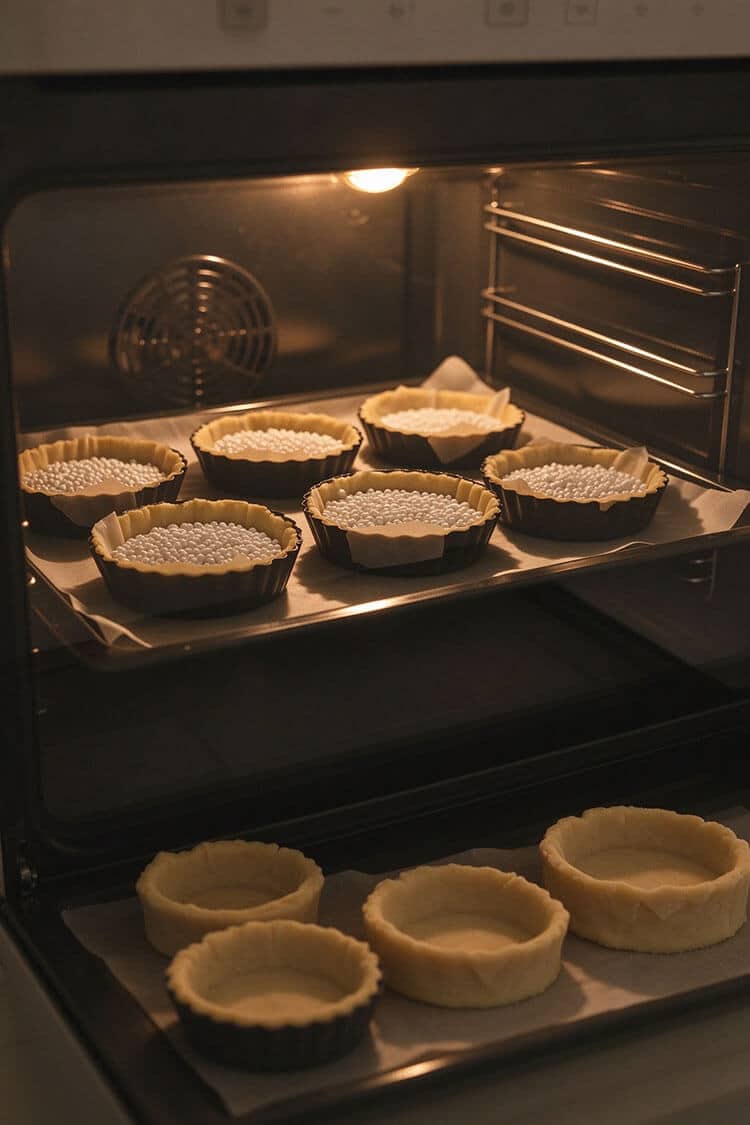 Mini tart shells lined with parchment paper and filled with ceramic pie weights blind baking inside a warm 350°F oven