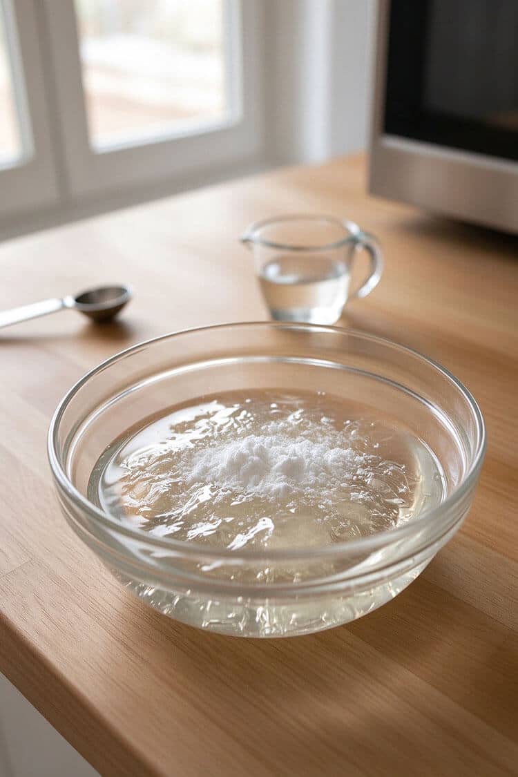 Unflavored gelatin powder blooming across the surface of cold water in a clear glass bowl on a kitchen counter