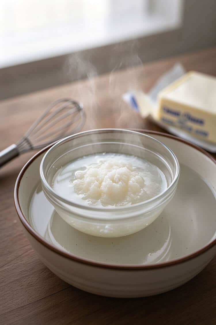 A small glass bowl of bloomed gelatin powder resting in a larger steaming ceramic bowl of warm water with a wire whisk nearby