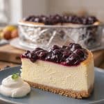 Close-up side view of a dense creamy slice of cheesecake with thick graham crust, glossy purple blueberry topping, and whipped cream