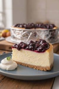 Close-up side view of a dense creamy slice of cheesecake with thick graham crust, glossy purple blueberry topping, and whipped cream