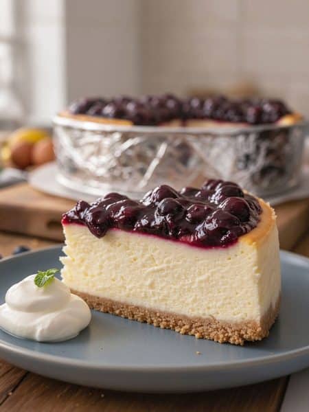 Close-up side view of a dense creamy slice of cheesecake with thick graham crust, glossy purple blueberry topping, and whipped cream