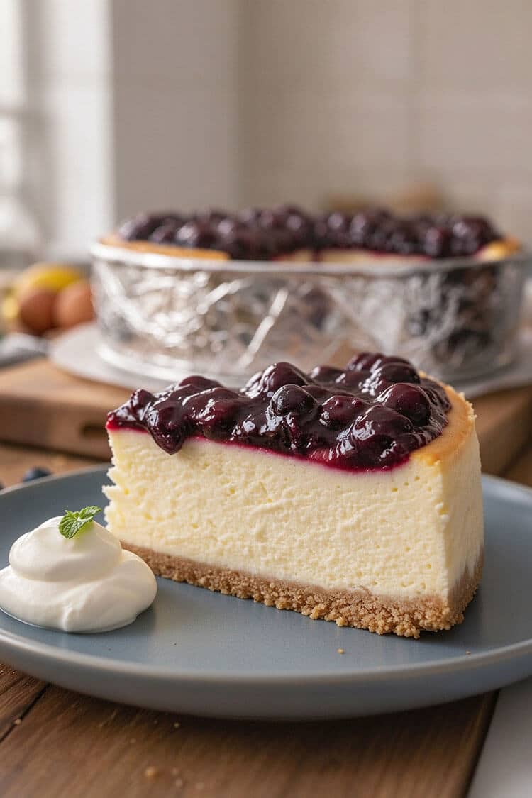 Close-up side view of a dense creamy slice of cheesecake with thick graham crust, glossy purple blueberry topping, and whipped cream