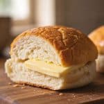 Close-up cross section of a soft fluffy pineapple bun showing crisp golden crackled cookie top and melting slab of butter inside