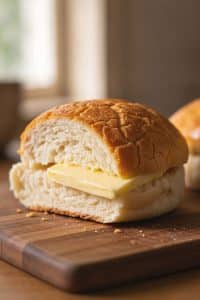 Close-up cross section of a soft fluffy pineapple bun showing crisp golden crackled cookie top and melting slab of butter inside