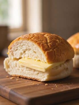 Close-up cross section of a soft fluffy pineapple bun showing crisp golden crackled cookie top and melting slab of butter inside