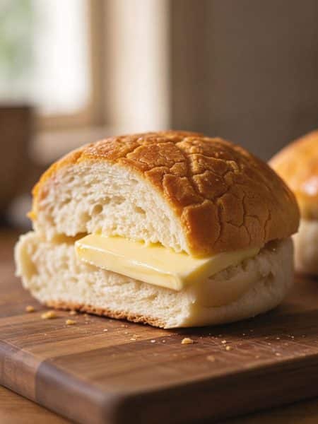 Close-up cross section of a soft fluffy pineapple bun showing crisp golden crackled cookie top and melting slab of butter inside