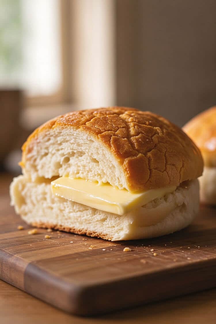 Close-up cross section of a soft fluffy pineapple bun showing crisp golden crackled cookie top and melting slab of butter inside