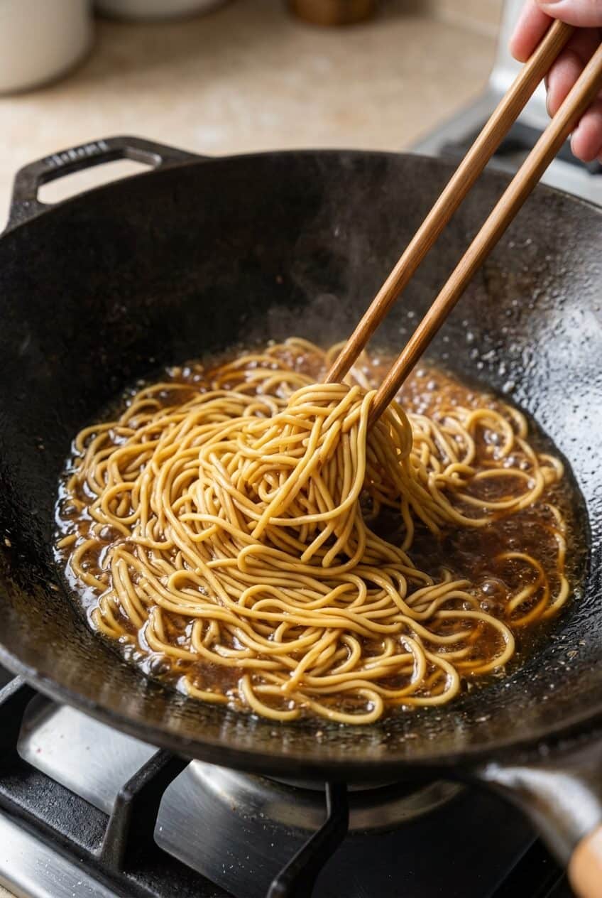 Wooden chopsticks lifting tender e-fu noodles simmering in bubbling savory garlic oyster broth inside a black wok