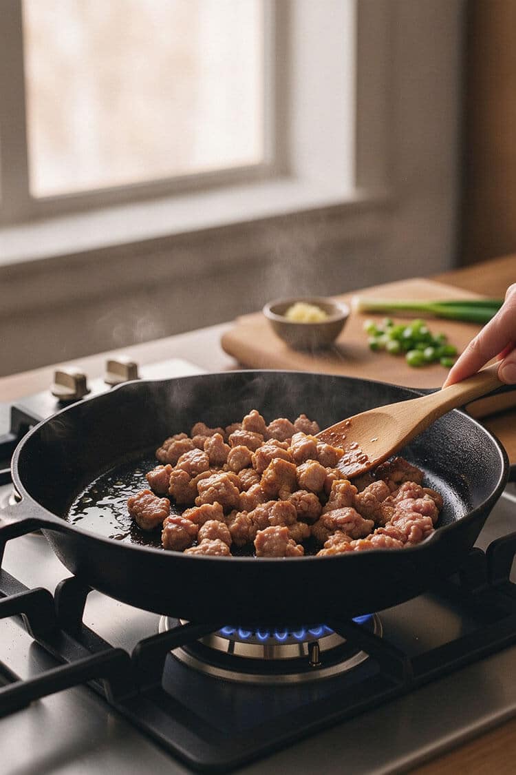 A wooden spatula stirring and breaking golden-brown ground pork chunks in a steaming cast-iron skillet on a gas range