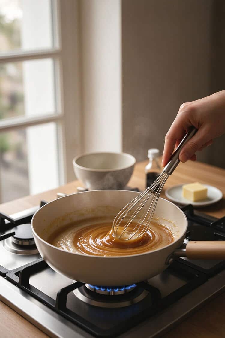 Browning cubed butter in a cream skillet over gas flame while whisking until golden and fragrant