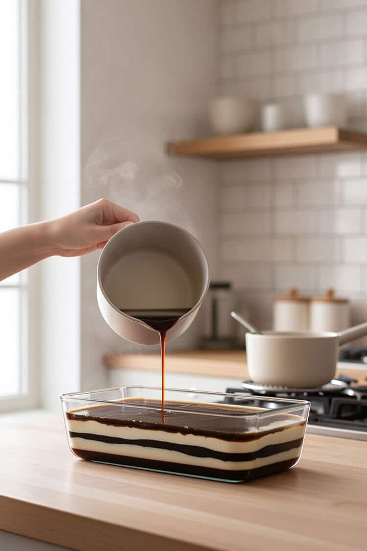 Pouring a dark coffee layer into a glass pan showing multiple alternating black and white jelly stripes