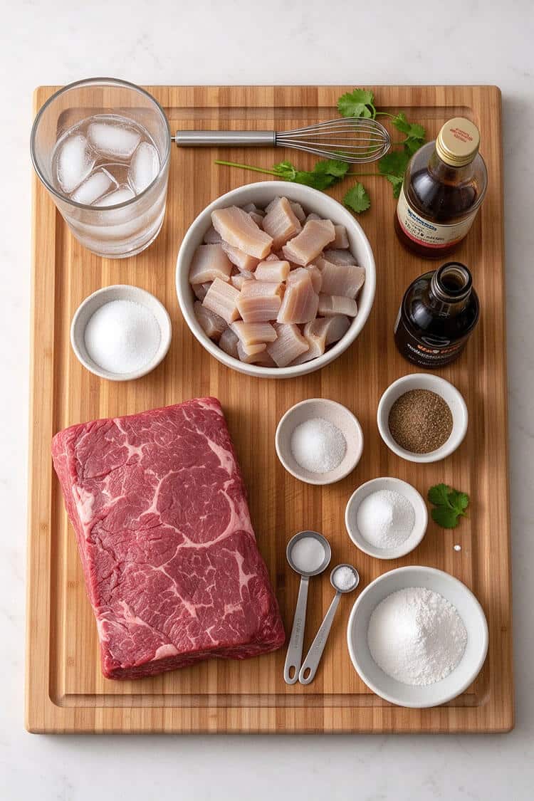 Flatlay arrangement of lean raw beef block, cooked beef tendon cubes, ice water, fish sauce, sesame oil, and seasonings on a wooden board