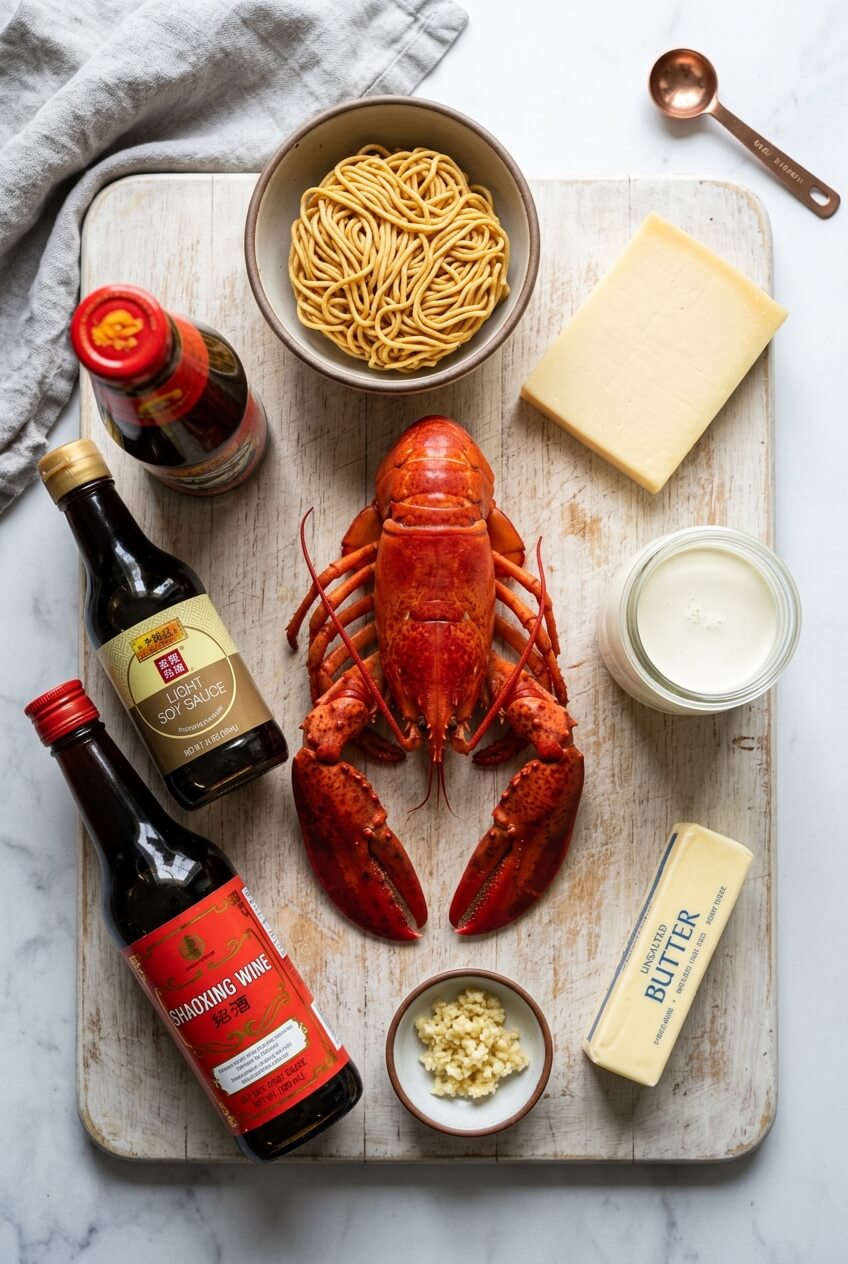 Overhead flatlay arrangement of a fresh whole cooked lobster, dried e-fu noodles in a bowl, a block of Gruyere cheese, butter, heavy cream, minced garlic, Shaoxing wine, light soy sauce, and oyster sauce on a wooden board