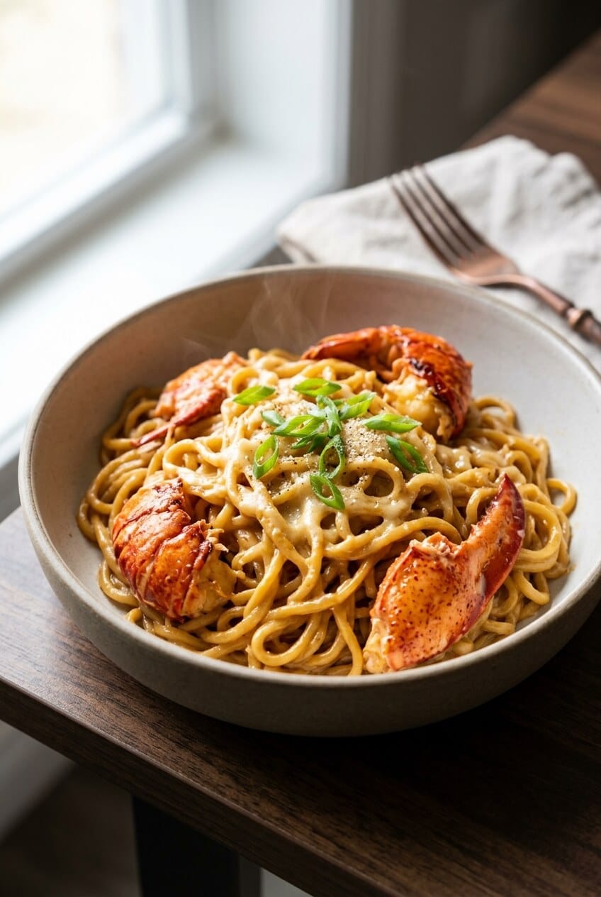 A ceramic bowl filled with steaming creamy Cantonese cheese lobster e-fu noodles topped with succulent lobster tail pieces, cracked black pepper, and sliced green scallions