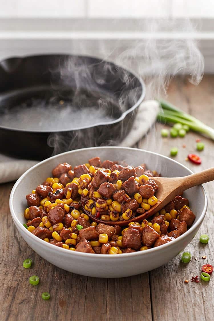 Steaming hot bowl of glossy caramelized pork chunks and charred corn kernels with a wooden spoon in front of an empty cast-iron skillet
