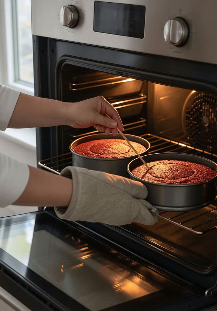 Testing baked red velvet cake layers for doneness using a wooden skewer in oven