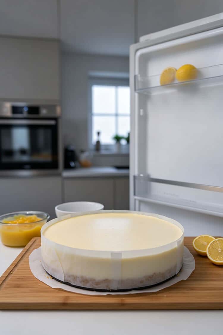 A smooth, chilled no-bake lemon cheesecake wrapped in parchment collar resting on a wooden board in front of an open refrigerator with fresh lemons