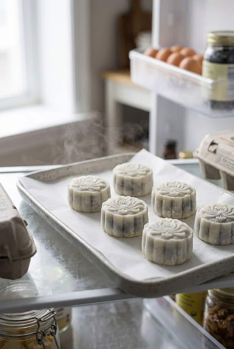 A metal baking tray lined with parchment paper holding six freshly pressed white floral snow skin mooncakes inside an open refrigerator