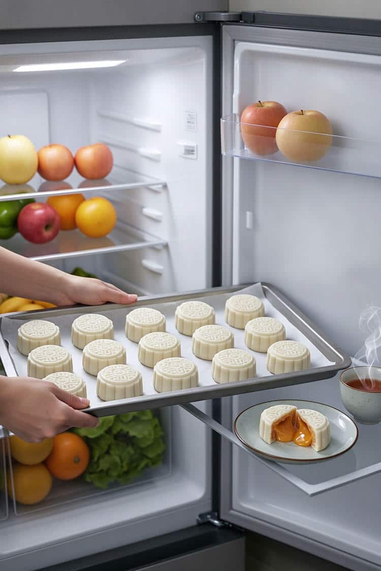 Hands placing a baking sheet of shaped white snowskin mooncakes into a well-lit refrigerator next to fresh fruit and a plated cut mooncake