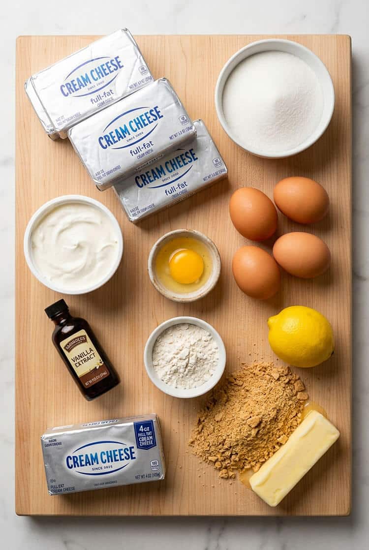Overhead flatlay of full-fat block cream cheese, granulated sugar, sour cream, fresh eggs with separated yolk, pure vanilla extract, flour, whole lemon, butter stick, and graham cracker crumbs on a wooden cutting board
