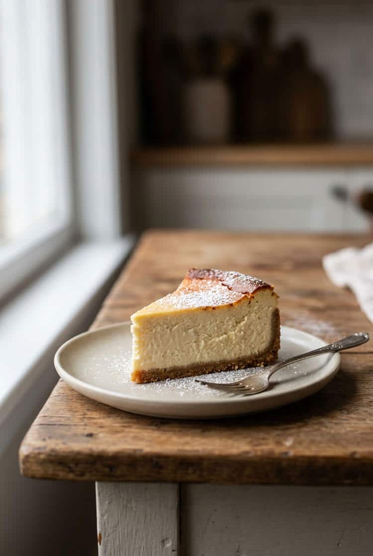 A bakery-style slice of New York cheesecake dusted with powdered sugar on a ceramic plate with a vintage fork on a rustic wooden table by natural window light