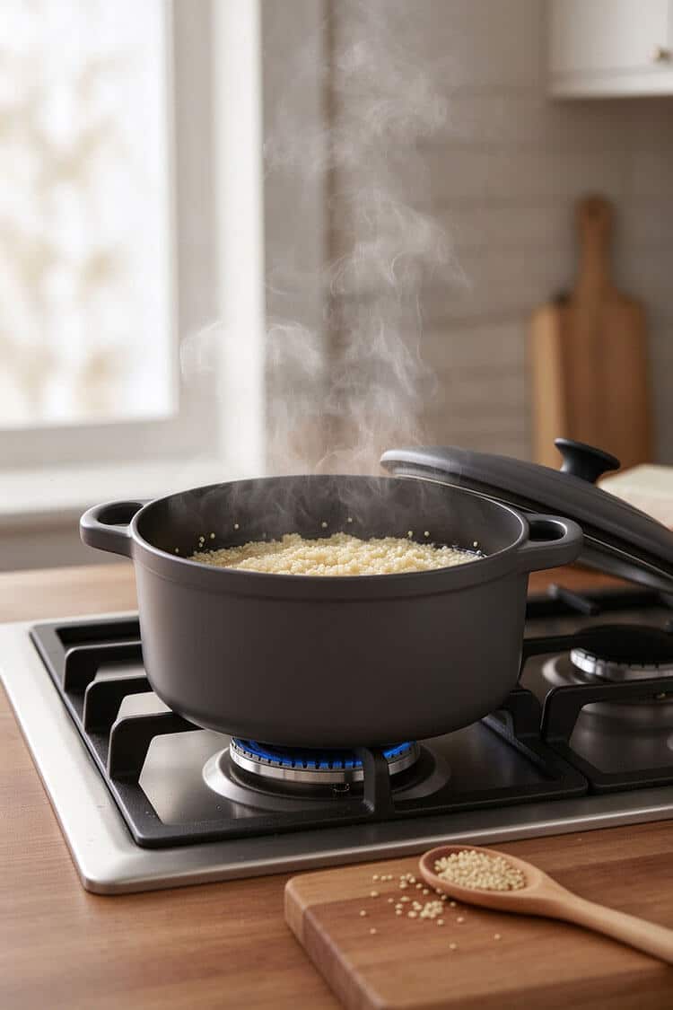 Fluffy white quinoa gently simmering in a dark lidded saucepan on a gas stovetop