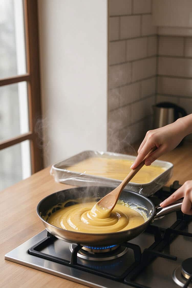 Hands using a wooden spatula to stir thick golden salted egg custard paste in a nonstick frying pan over a low-flame gas stovetop