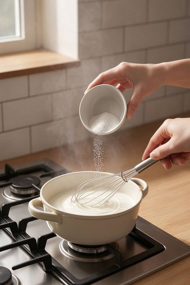 Pouring white sugar and agar agar into simmering whole milk and heavy cream while whisking in a saucepan