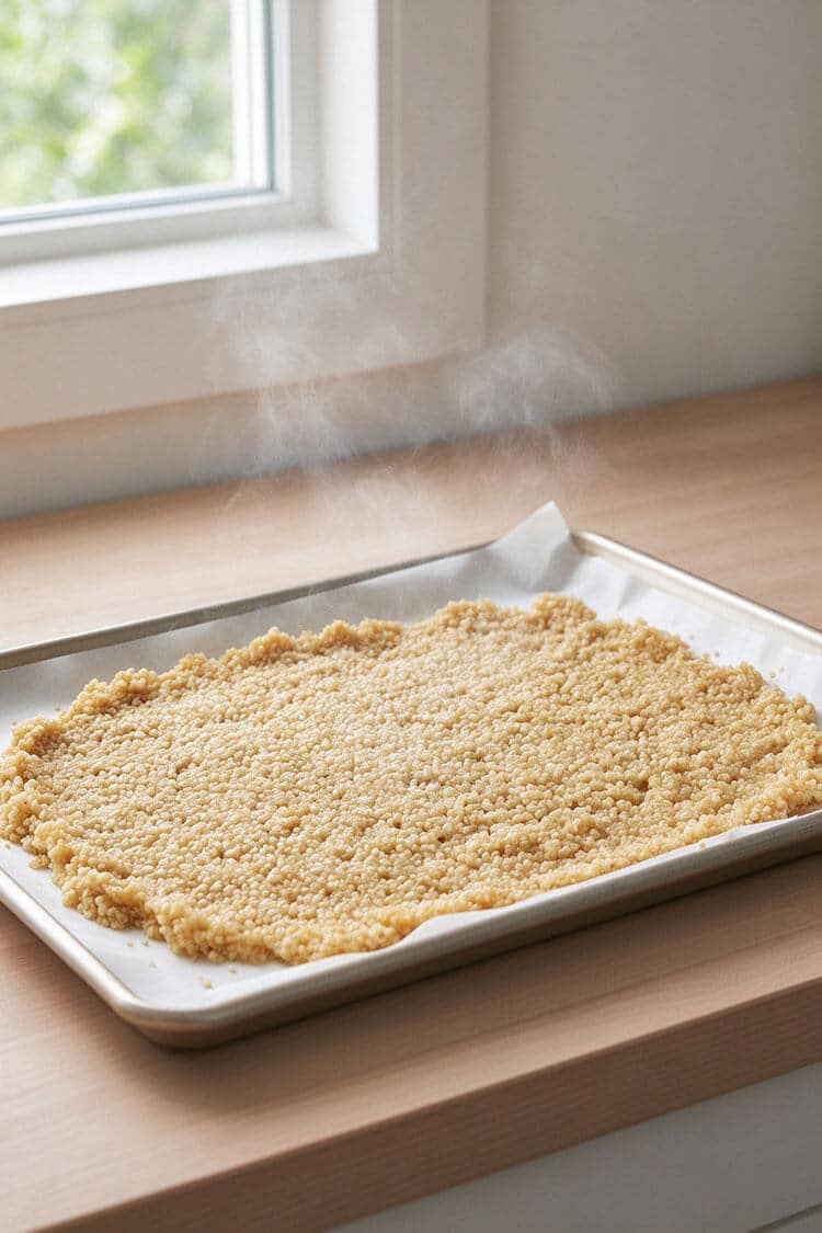 Steaming cooked quinoa spread evenly in a thin layer across a parchment-lined baking sheet to cool down