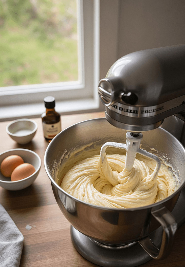 Stand mixer beating softened butter and granulated sugar into a pale fluffy batter texture
