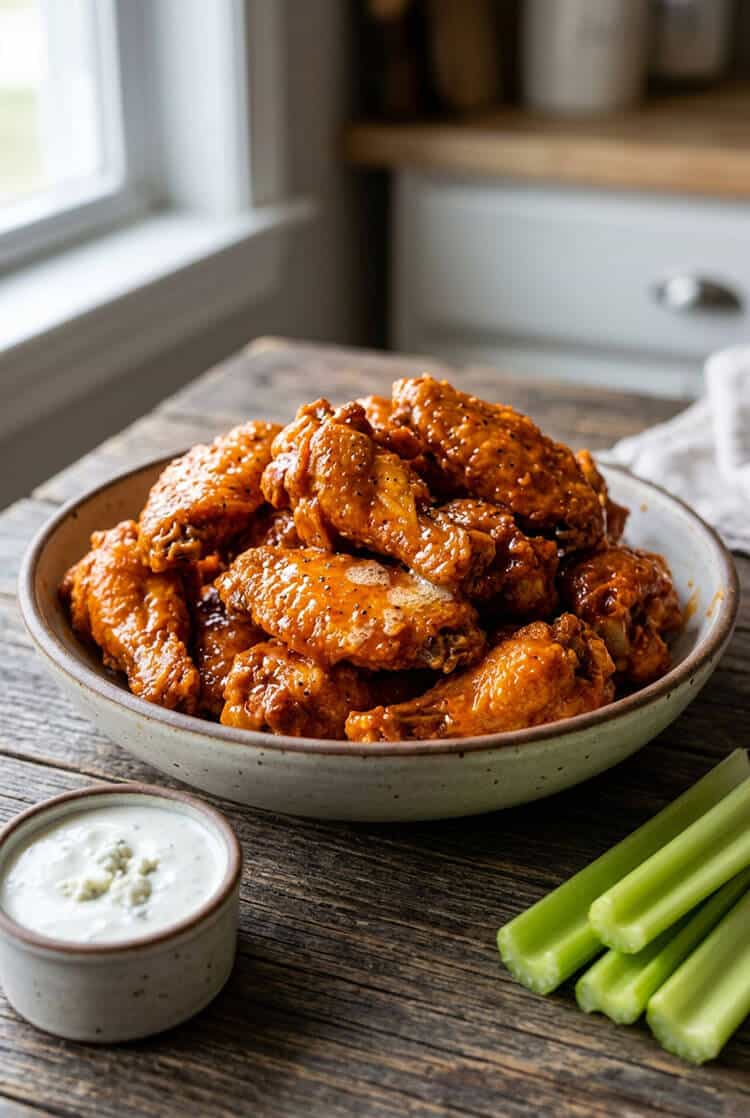 A ceramic bowl piled high with glossy hot buffalo chicken wings served with creamy blue cheese dip and fresh green celery sticks on a rustic wooden table by window light