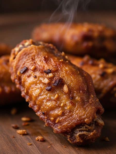 Macro extreme close-up of a steaming hot, golden-brown crispy chicken wing tip crusted with toasted minced garlic bits on a dark wood board