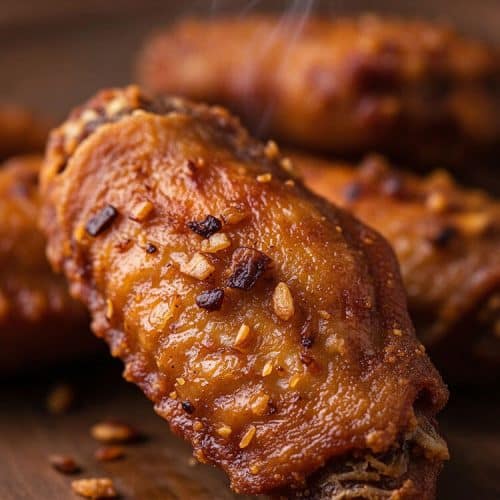 Macro extreme close-up of a steaming hot, golden-brown crispy chicken wing tip crusted with toasted minced garlic bits on a dark wood board