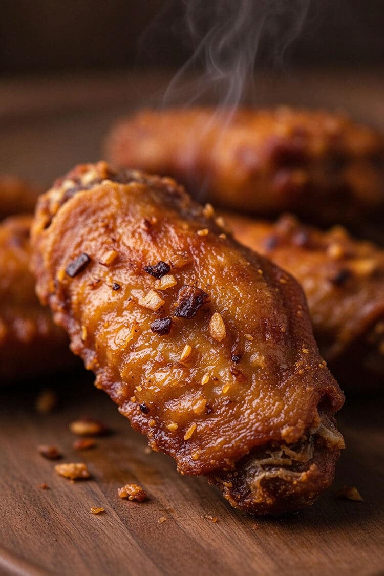 Macro extreme close-up of a steaming hot, golden-brown crispy chicken wing tip crusted with toasted minced garlic bits on a dark wood board