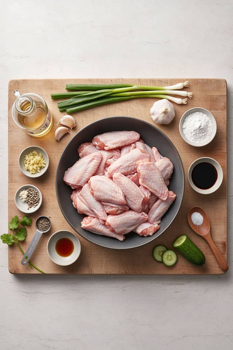 Flatlay arrangement of fresh chicken wing tips in a dark ceramic bowl, garlic cloves, minced garlic, soy sauce, sesame oil, white pepper, cornstarch, scallions, sliced cucumber, and frying oil on a wooden cutting board