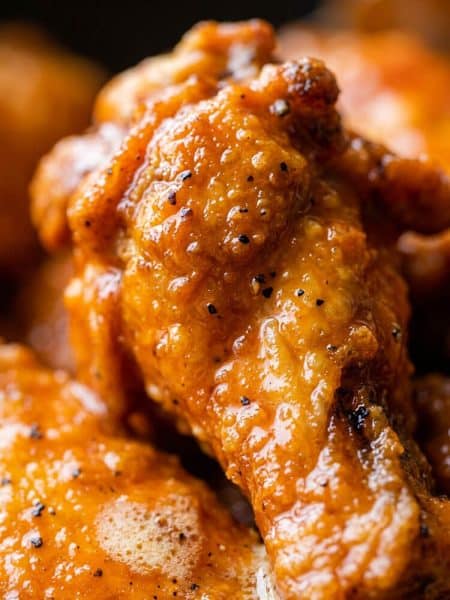 Macro extreme close-up of a glossy, fiery hot buffalo chicken drumette showing blistered crispy skin coated in red-orange pepper sauce and cracked black pepper