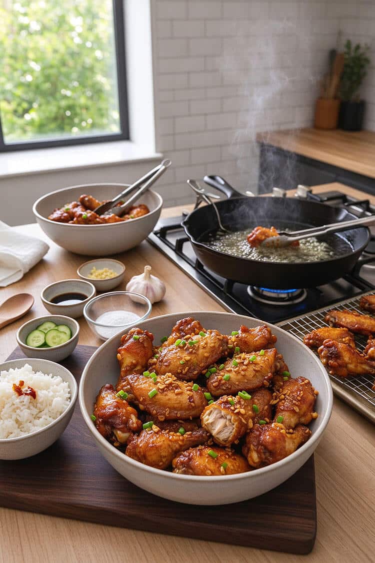 A large ceramic bowl piled high with crispy golden garlic chicken wing tips garnished with scallions, served alongside steamed jasmine rice and sliced pickled cucumbers