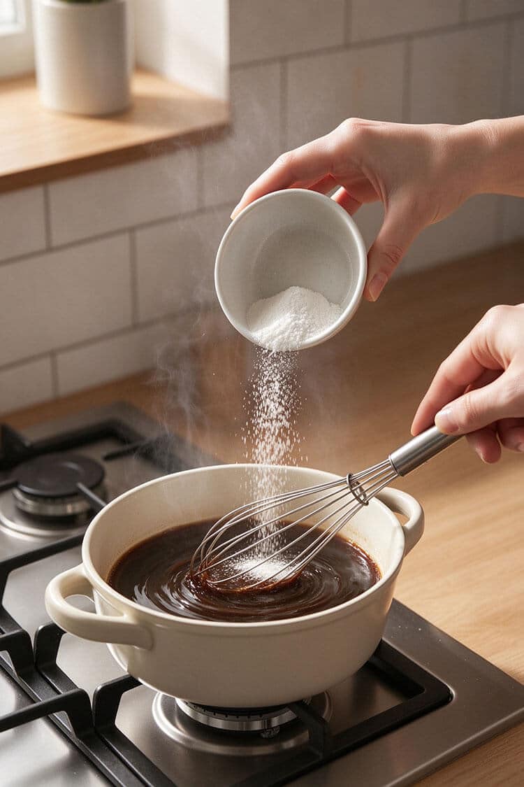 Whisking sugar and agar agar powder into hot brewed coffee in a white enamel saucepan over a gas stovetop