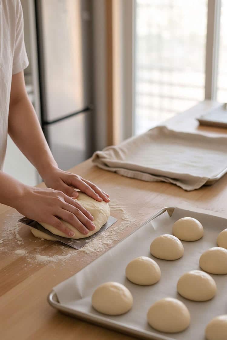 Baker using a metal bench scraper to portion dough next to smooth round dough balls resting on a parchment-lined baking sheet