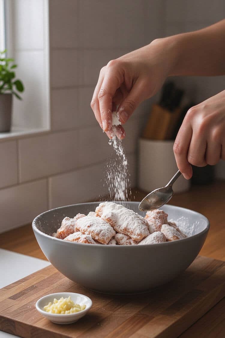 Hand dusting a thin, powdery layer of cornstarch from a spoon over marinated chicken wing tips in a bowl
