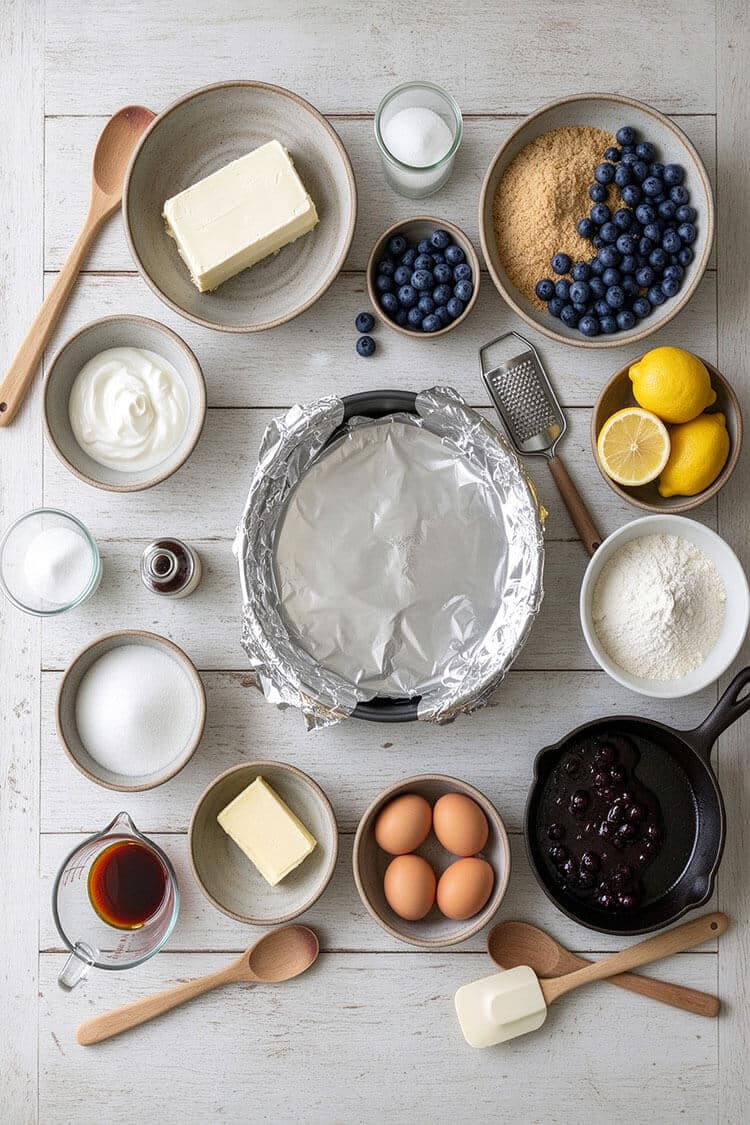Overhead flatlay of cream cheese blocks, fresh blueberries, graham cracker crumbs, eggs, sour cream, butter, lemons, and sugar around a foil-wrapped springform pan