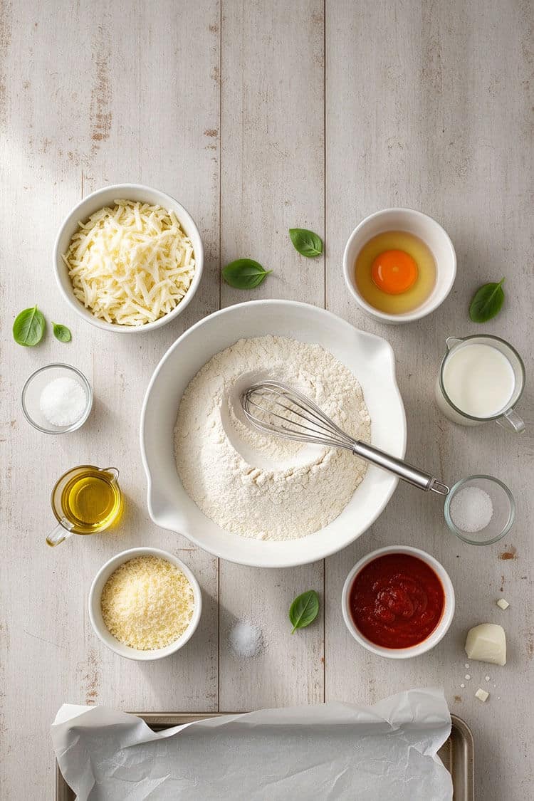 Overhead flatlay arrangement of sweet glutinous rice flour with whisk, shredded mozzarella, fresh egg, whole milk, grated parmesan, olive oil, salt, and marinara dipping sauce