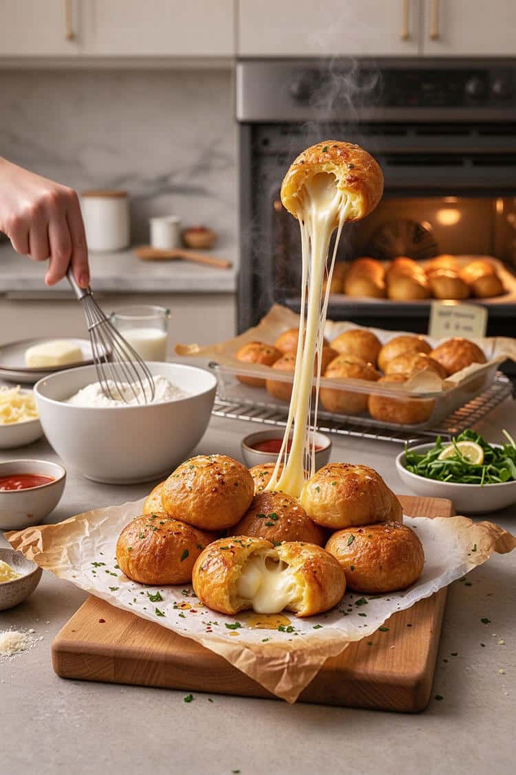 A pyramid stack of golden-crusted cheese mochi balls on a wooden board with one ball lifted high showing an epic, steaming vertical mozzarella cheese pull
