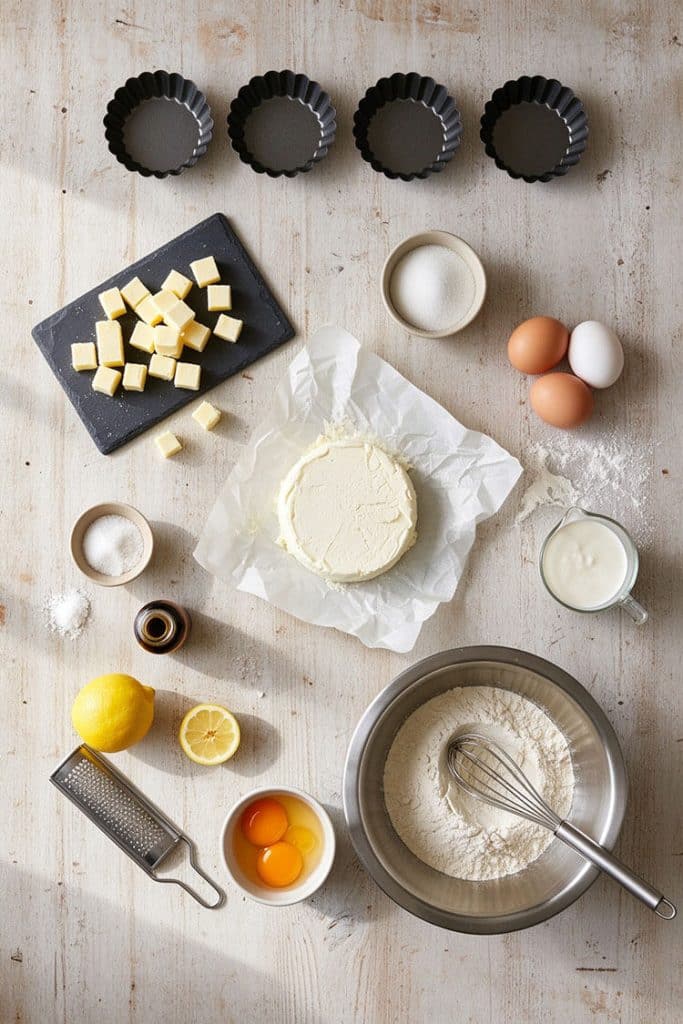 Flatlay arrangement of all-purpose flour in a bowl with whisk, cubed cold butter, full-fat cream cheese, fresh eggs, heavy cream, granulated sugar, vanilla extract, fresh lemon, and fluted mini tart pans