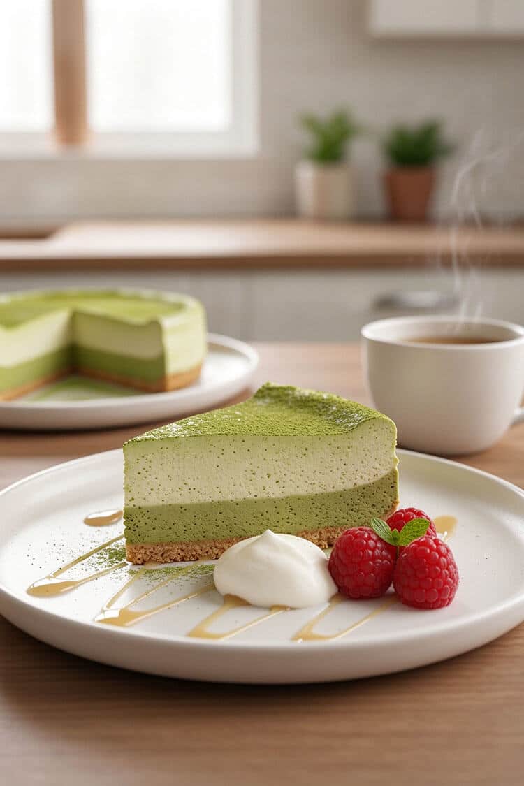 A clean slice of two-tone layered green tea tofu cheesecake on a white plate garnished with whipped cream, sweet honey drizzle, fresh red raspberries, and hot tea in the background