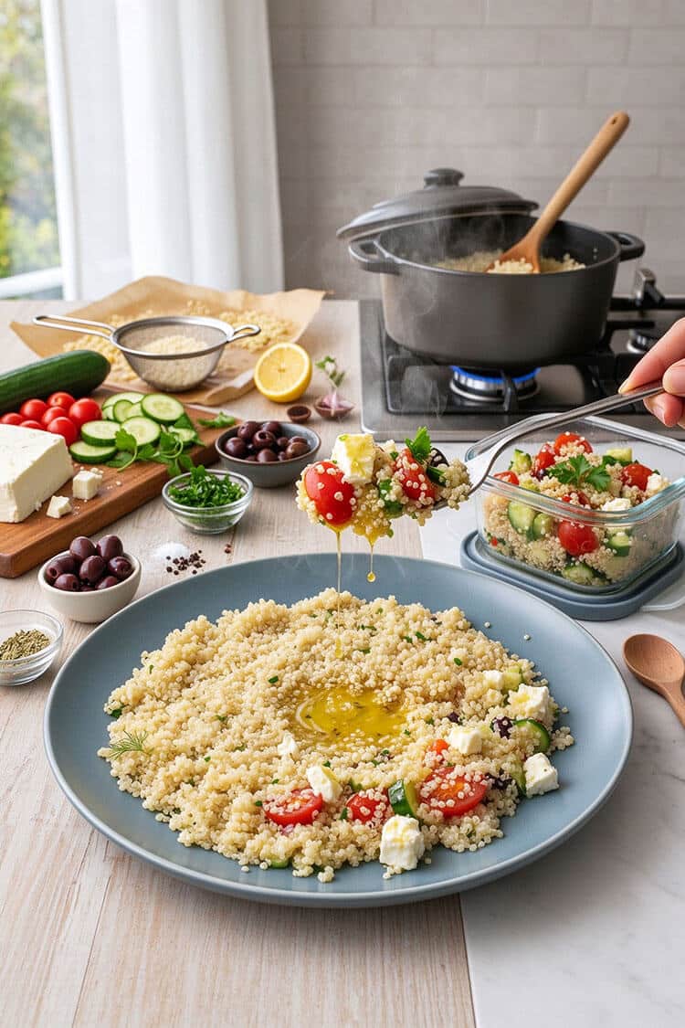 A large blue ceramic plate of quinoa vegetable salad topped with feta and cherry tomatoes, with a spoonful of salad drizzled with lemon olive oil dressing